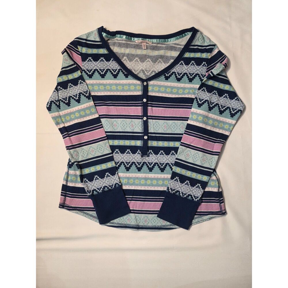 Victoria's Secret Women's Large Fair Isle Thermal Knit Henley Pajama Top L/G